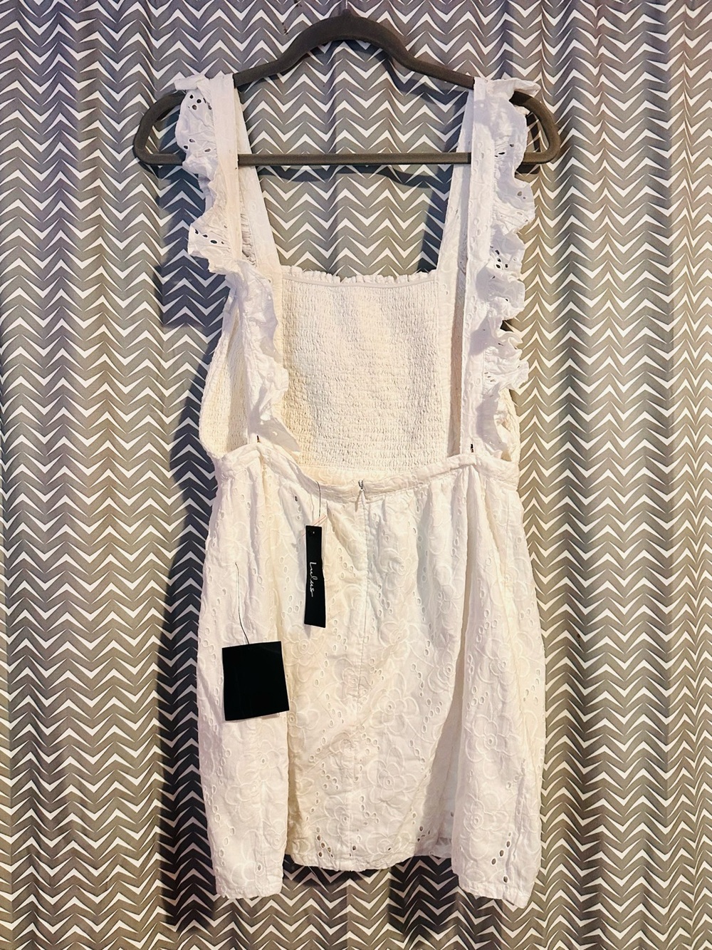NWT Lulus | Sweet Bliss White Eyelet Ruffled Backless Mini Dress, S - Picture 7 of 9